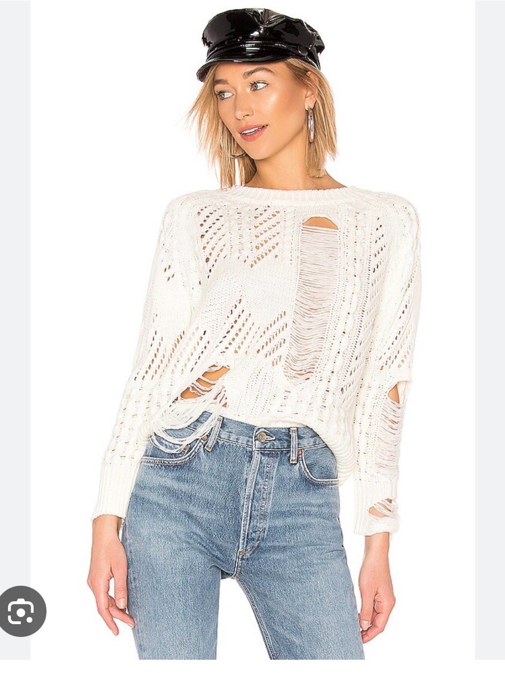 Superdown “Grayson” Ivory Open-Knit Distressed Women's Sweater